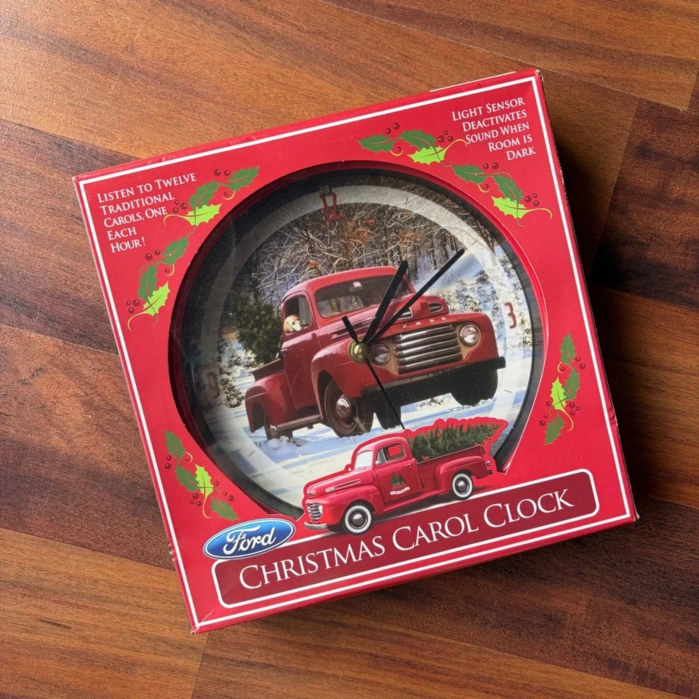 Ford Christmas Carol Clock Red Vintage Truck Musical Holiday Decor untested